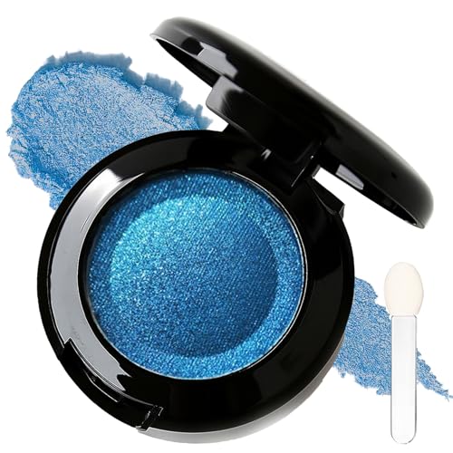 Single Shimmer Blue Eyeshadow Pressed Powder - Waterproof Longwearing Blendable EyeShadow with Built-in Mirror & Applicator, Smooth Cream-to-Powder Texture, High Pigment Pearl Finish (9#Sapphire Blue)