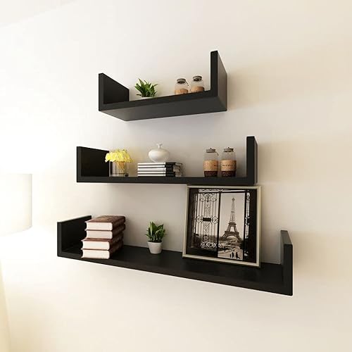 3 estantes de exhibición de pared flotantes en forma de U de MDF negro para almacenamiento de librosDVD, estantes flotantes montados en la pared,