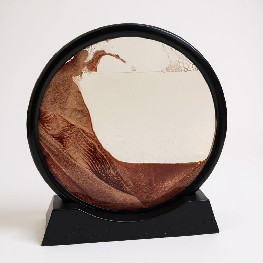 SagVir Moving Sand Art Picture, 3D Dynamic Blue Liquid Glass Landscape with Round Black Frame and Stand, Desktop Decorative Showpiece, Antique Gift Item (Coffee)