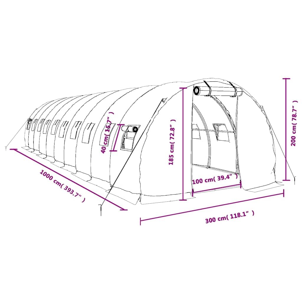 Szklarnia ze stalową ramą, biała, 30 m², 10 x 3 x 2 m, do ogrodu, roślin, warzyw, ziół, kwiatów, inspektów, szklarni na pomidory, zimowania, ochrona przed mrozem, odporna na warunki