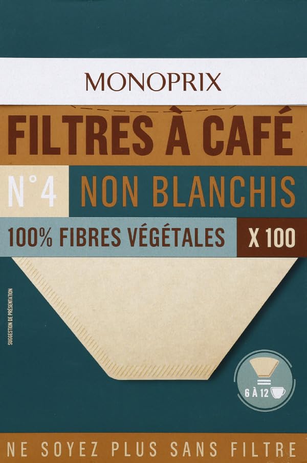 Monoprix Vert Filtres à café N°4, non blanchis, 100% fibres végétales - La boîte de 100, 181g
