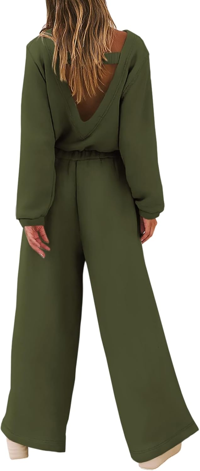 Yousify Women Trendy Rompers 2025 Wide Leg Long Sleeve Jumpsuits Casual Sweatshirt One Piece Backless Cutout Outfits - Image 2