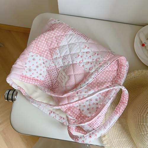 Image of Floral Quilted Cotton Shoulder Bag for Women Daily Use Medium Size Handbag Large Capacity Thickened Design Tote