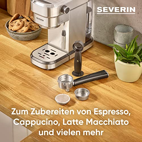 SEVERIN Espressomaschine "Espresa", Siebträgermaschine mit 3 Einsätzen, Kaffeemaschine mit Milchschäumer für Kaffee-Milch-Spezialitäten, 1,1l, Edelstahl-gebürstet/schwarz, KA 5994 – Bild 4