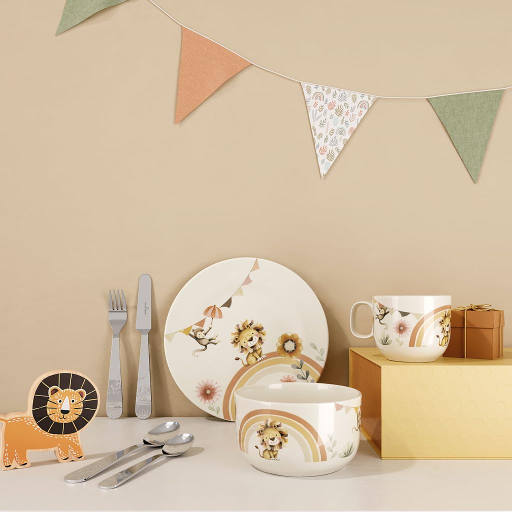 Villeroy & Boch - Boho kids "Roar like a lion" Komplet naczyń dla dzieci 7 szt., z porcelany i sztućce ze stali nierdzewnej, Nadaje się do kuchenki mikrofalowej i zmywarki, Wielokolorowy