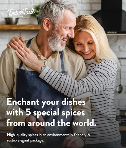 Image of TIMBER TASTE World Spice Sampler Set - 5 Exotic Blends Chimichurri Chakalaka Paella Tandoori Tzatziki | Mens Gifts Spice Gift Set Foodie Cooking Kit | Gourmet Basket - Birthday Gift for Him