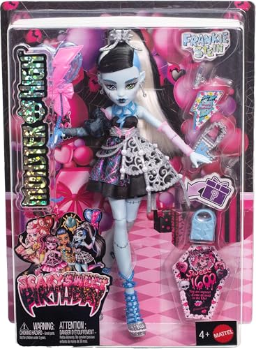 Image of Monster High Scary Sweet Birthday Doll, Frankie Stein in Black Party Dress with Themed Accessories Like Invite, Balloon, Toy, Lipstick and More