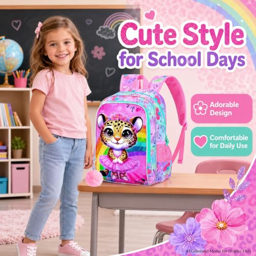 Image of CCJPX 3PCS Ballet Backpack for Girls, 16 Inch Kids Leopard Water Resistant Preschool Bookbags, Cute Elementary Kindergarten School Backpacks and Lunch Box