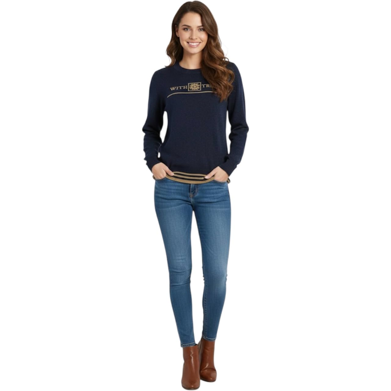 Women's Navy Blue Pullover Sweater L, Round Neck, Acrylic Blend, Full Sleeve, Casual Lightweight Winter Knitwear, Printed Chest, Ribbed Hem-image-29