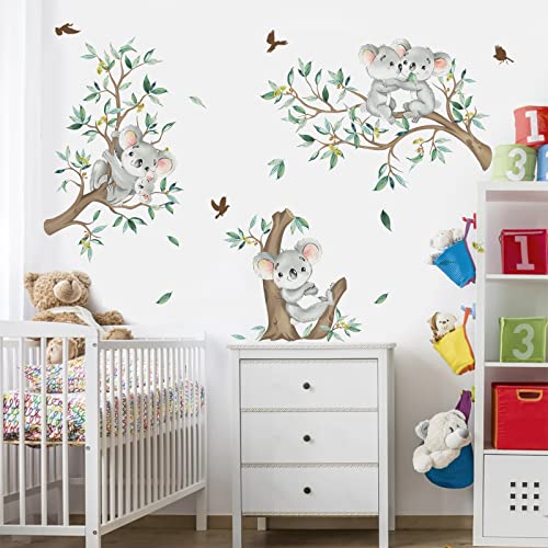 decalmile Koala Tree Branch Wall Decals Green Tree Leaves Wall Stickers Baby Nursery Kids Bedroom Living Room Wall Decor - Image 3