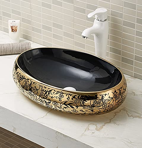 Sanque Designer Ceramic Wash Basin Vessel Sink/Over Counter Wash Basin For Bathrooms & Living Room 24 X 16 X 5.5 Inch (Black Gold 3) (B09B3HRMKX) Amazon Price History, Amazon Price Tracker