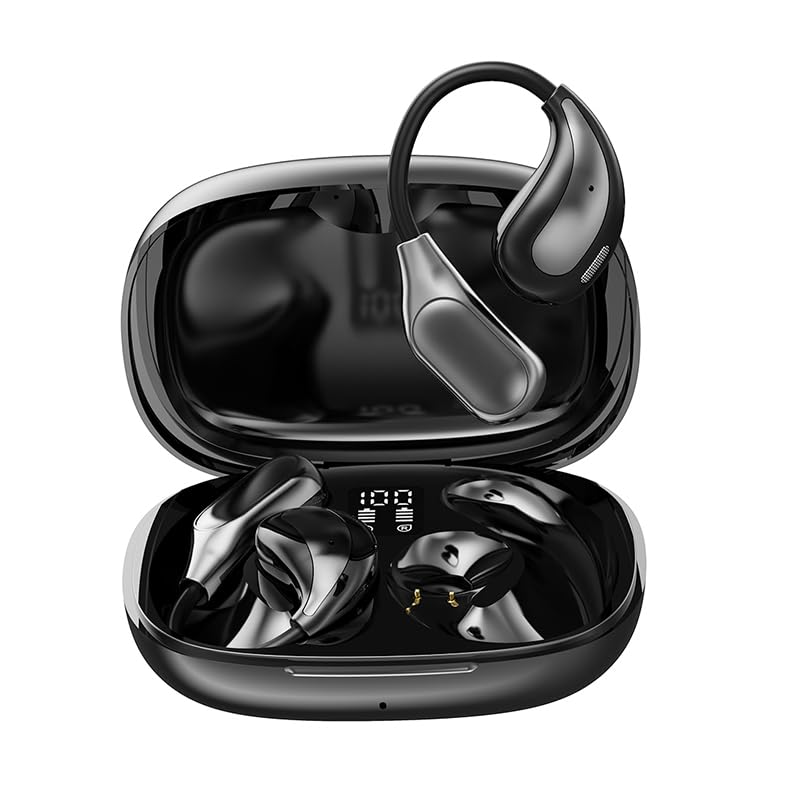 MSHUKCOE Open Ear Wireless Bluetooth Headphones, Sport Over Headset Built-in Mic, LED Display, Touch Control Earphones, IPX5 Waterproof for Sports