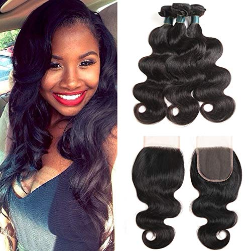 Brazilian Body Wave Bundles with Closure 100% 8A Unprocessed Virgin Hair Human Hair Bundles with Closure Natural Color (20 20 20 with 18 Free Part)