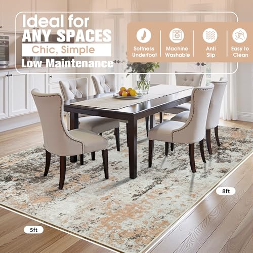 5x8 Area Rugs for Living Room Rug Washable: Abstract Rug for Dining Room Bedroom Carpet Non Slip 5 by 8 Indoor Modern Nursery Home Office Brown Beige