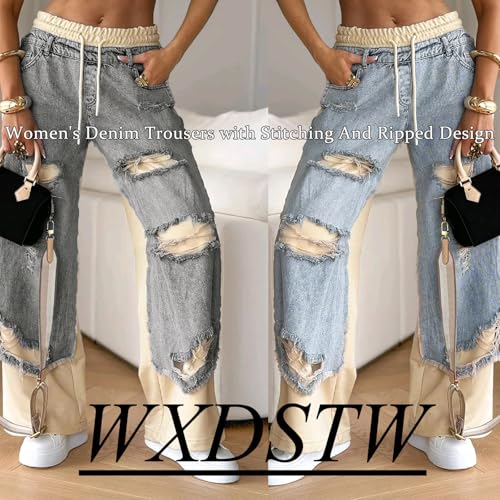 Women's Denim Trousers with Stitching and Ripped Design Casual High Waisted Drawstring Baggy Patchwork Wide Leg Jeans2
