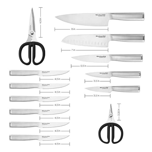 Kitchenaid Gourmet 14 Piece Forged Stainless Steel Knife Block Set With Built In Knife Sharpener, High Carbon Japanese Stainless Steel, Sharp Kitchen Knife Set With Block, Birchwood #TOP6