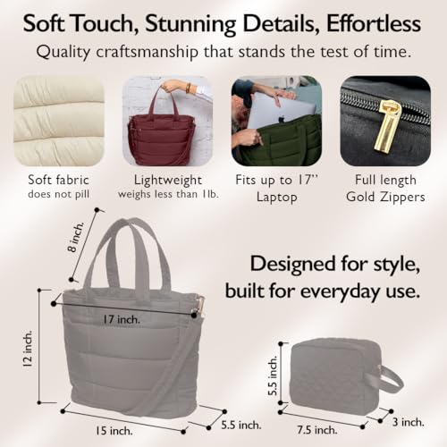 Dark Red Quilted Puffer Tote Bag for Women Work Travel Gym - Puffer Crossbody Bag Waterproof Carry All Soft Puffy Tote Bag with Zipper, Pockets, Laptop Slot, Luggage Sleeve - Puffer Purse USA Brand2