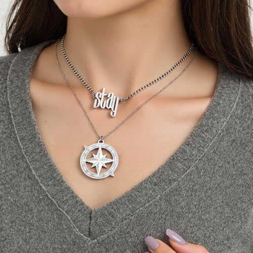 Stray Necklace SKZ Inspired Merch Necklace Set –“Stay” Pendant Compass Design Jewelry Accessory for Stay Fans Gifts4