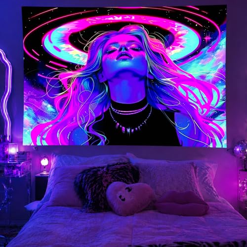 Image of BlissYard Blacklight Tapestry Bedroom Anime Girl Blacklight Tapestry 78x59 Inch Aesthetic UV Reactive Purple Tapestries Glow In The Dark Art Wall Hanging Poster Room Bedroom Party Backdrop Decor