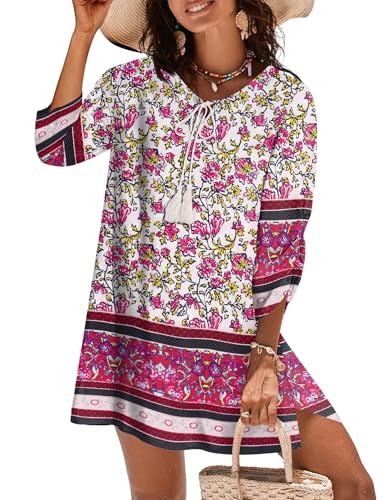 Image of Zeagoo Womens Boho Dresses Casual Beach Summer Dress Tassel Tie Neck 3 /4 Long Sleeve Mini Sundress 2026 Floral Print Cover Up