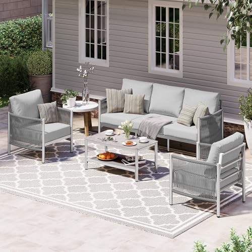 Oasbira Aluminum Outdoor Patio Furniture Set, HDPE Rope 4 Piece Modern Sectional Conversation Sets with Dual-Layer Coffee Table, All Weather Patio Couch Set with Thick Cushions, Silver Frame, Silver