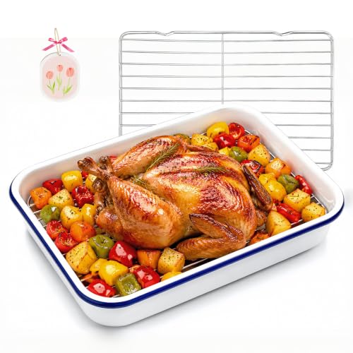 13x9 Inch Enamel Roasting Pan with Stainless Steel Rack Heavy-Duty Rectangular Baking Pan for Oven Roasting Baking and Casseroles