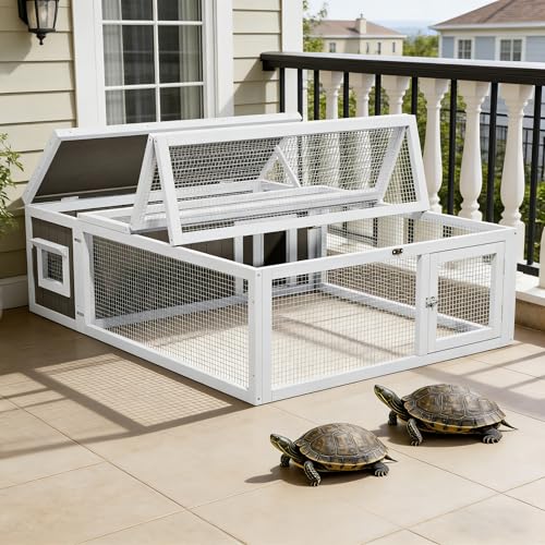 Large Tortoise Hidden Habitat Enclosure Wooden Turtle House Indoor Outdoor with Asphalt Roof & Ventilating Wire Fence for Small Animals Outside Garden Backyard (White1)