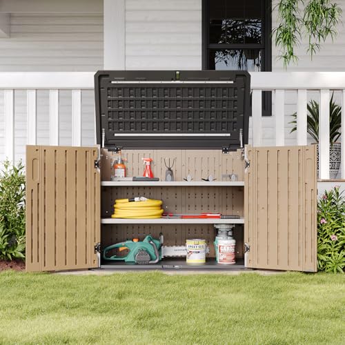 Image of Aoxun Outdoor Storage Cabinet 35 Cu.Ft 2 Shelves, Outdoor Trash Can Storage Shed Waterproof Horizontal Storage Shed Outdoor Storage for Garbage Bin, Generator,Brown