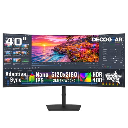 Image of Deco Gear 40 inch Curved 5K2K Ultrawide Monitor, 5120x2160 WDQHD 21:9 IPS, Adaptive Sync, 75Hz USB-C 90W PD, 2500R 1ms MPRT, HDMI 2.0, DP 1.4, KVM, PIP /PBP, HDR, Speakers, Audio Out, Adjustable Stand