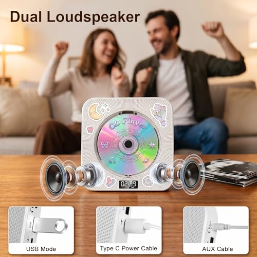 Image of Gueray CD Player Portable Bluetooth Desktop CD Player for Home with Timer Built-in HiFi Speakers with LCD Screen Display Boombox FM Radio USB Type-c (Ivory)
