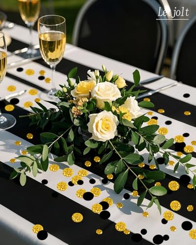 Image of Letjolt Golden Black Confetti Glitter Scatter Table Decoration 100 Pcs | Surprise Paper Craft, Birthday Party Anniversary Supplies, Bridal Baby Shower Wedding Gift, Circle Dots Decor
