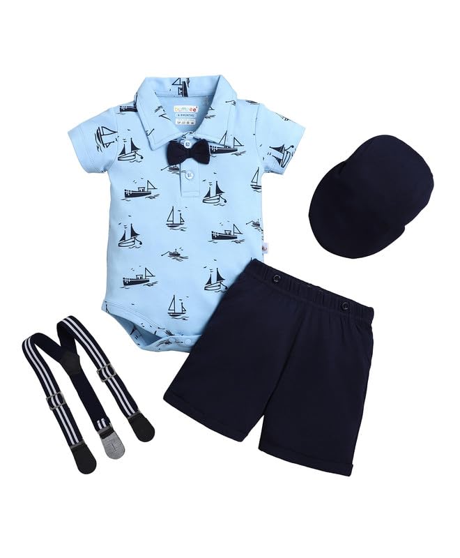Image of BUMZEE Boys Regular Fit Half Sleeves Collar Neck Cotton Bodysuit & Short Set With Applique Bow Suspender & Cap
