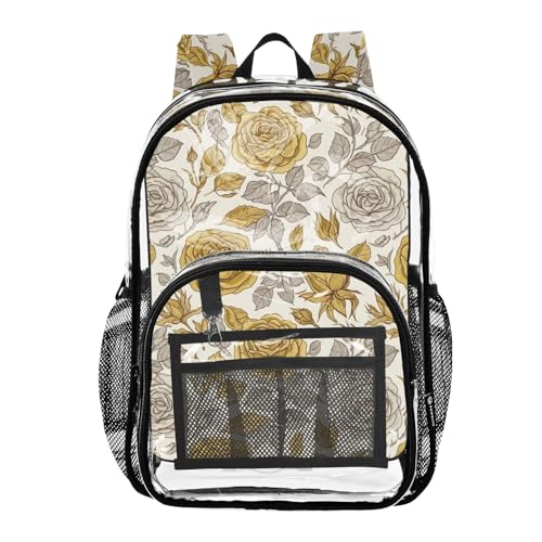 Vintage Floral White Flowers Clear Backpack for Women Boys Backpacks for Girls Large Plastic Approved Bag
