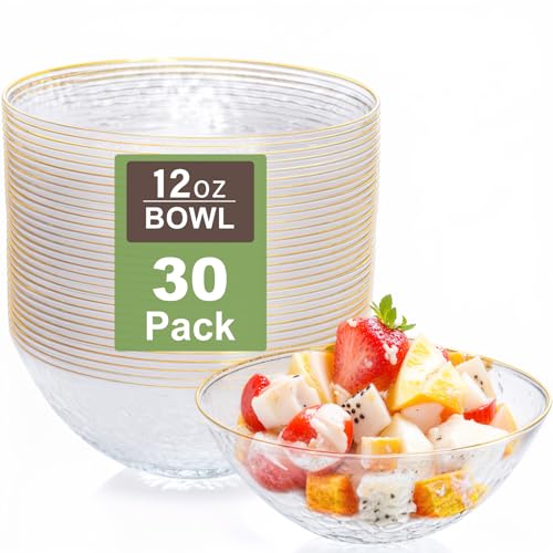 Rubtlamp 30 Pack Clear Disposable Bowls, Clear Plastic Bowls with Gold Rim, 12-16oz Premium Heavy Duty Plastic soup Bowls for Party, Wedding and Holiday
