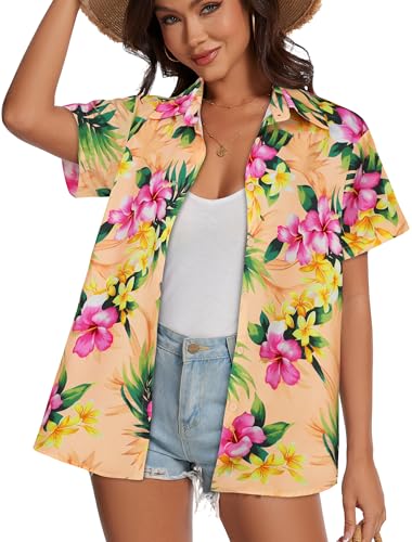 Image of Women Hawaiian Shirt Button Down Summer Tops Beach Short Sleeve Blouse