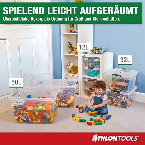 ATHLON TOOLS 4x 12.5 L Aufbewahrungsboxen mit Deckel, lebensmittelecht - Verschlussclips - 100% Neumaterial Plastik-Box transparent - Kleiderboxen stapelbar…