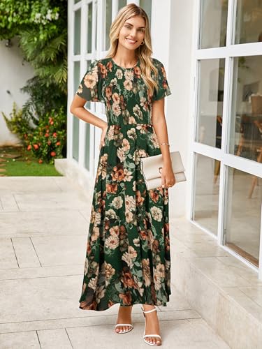 Image of Simplee Womens Casual Floral Summer Maxi Dress 2026 Boho Flowy Short Sleeve Crew Neck Vacation Smocked Chiffon Dresses