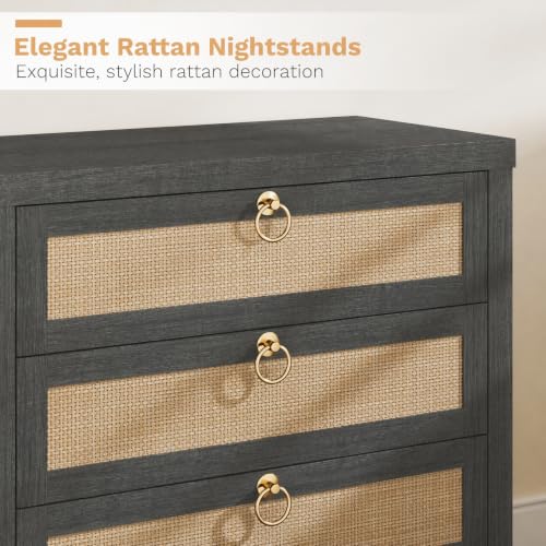 Image of Eclatara Large Rattan Night Stand Set of 2 Boho Nightstand with 3 Drawers | Black Oak Storage Bedside Table End Table Side Table for Bedroom