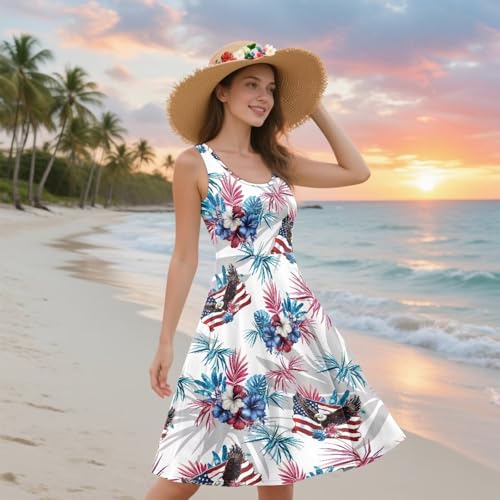 Image of Women's Casual Loose Sundress Midi Sleeveless Crewneck Dress Summer Beach Tank Dress with Pockets