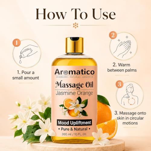 Image of AROMATICO Jasmine Orange Aromatherapy Massage Oil - Jasmine Massage Oil with Almond & Jojoba for Spa Care, Stress Relief & Skin Nourishment | 300ml