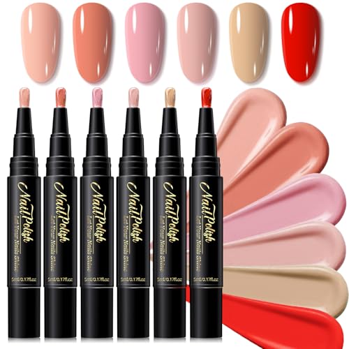 6PCS Nagellack Schnelltrocknend - Nagellackstift Schnelltrocknend Wasserbasis Nude Rot Rosa - Nail Arts Pen Ohne UV Lampe