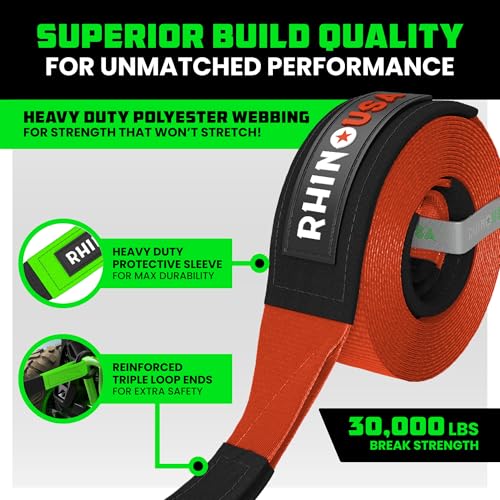 Image of Rhino USA Recovery Tow Strap (4 inch x 30') - 40,320lb Break Strength - Emergency Recovery Strap Tow Rope for Diesel Trucks, Backhoe, Excavators & More - Heavy Duty Towing Strap for Offroad 4x4 Use (Red)