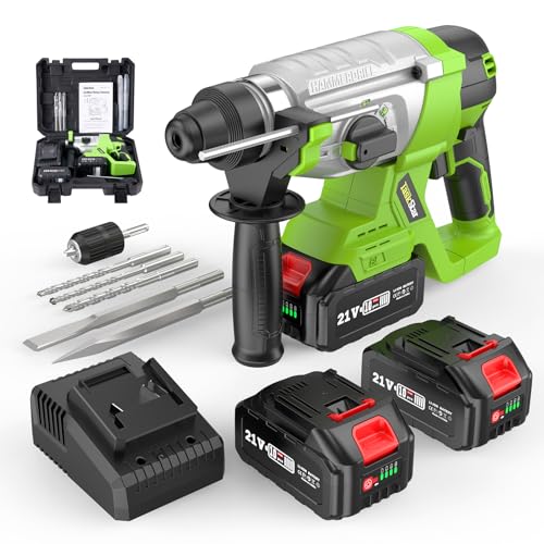 Akku Bohrhammer 21V, 2,3J Brushless Schlagbohrmaschine, 2x4,0 Ah Akkus und Ladegerätfür, 4 SDS-Plus-Bohrern, 4 Funktionen – Tragbares Multifunktions-Bohrhammer-Kit für Beton/Stahl/Holz