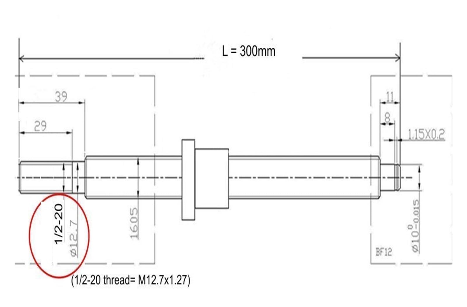 Metal Ball Screw nut 1/2-20 Thread End Machined SFU1605 300mm C7 Ballscrew with One 1605 Flange Single Ball Nut