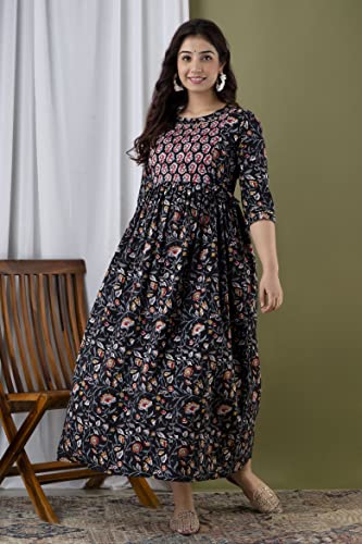 Image of Amazon Brand - Tavasya Women Botanical Floral Printed Maternity Midi Dress | Round Neck | 3 /4 Ruffle Sleeves | Concealed Feeding Zip | Gathered Tiered Nursing Dress
