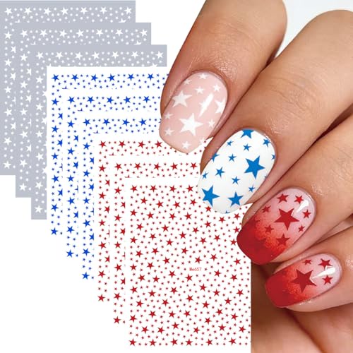 12 Sheets 4th of July Nail Stickers - 3D Self-Adhesive Red White and Blue Nail Stickers - Star Nail Decals for 4th of July Nail Decals Decorations - Women DIY Manicure Decorations Supplies