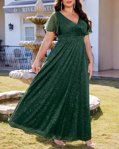 Image of Talisea Plus Size Formal Dresses - V Neck Flutter Sleeve Glitter Prom Evening Gowns Wedding Guest Chiffon Long Maxi Dress