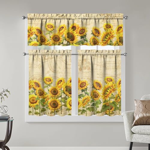 Image of Sunflower Kitchen Curtains 3 Piece Set Tier Valance Window Decor | 3 Piece Kitchen Curtain Set Includes 54x18in Valance and Two 27.5x36in Tier Curtains for Kitchen, Bedroom and Living Room