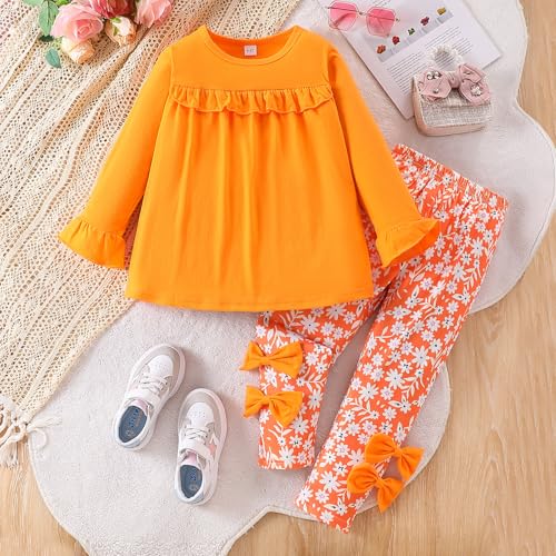 Image of Axumity Kid Girl Clothes Ruffle Sleeve Top Floral Allover Pants 3-9 Years Fall Outfit Set