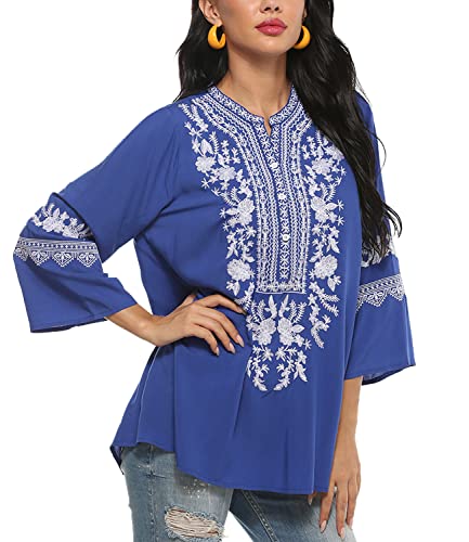 Higustar Mexican Shirts for Women Embroidered Tops Traditional Style Tunics Floral 3/4 Sleeve Plus Size Boho Peasant Blouse3